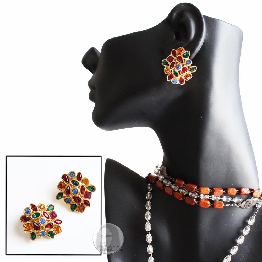 Vintage Yves Saint Laurent Earrings Multicolor Glass Rhinestones Clip Style HTF